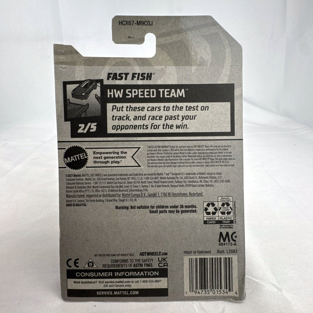 Hot Wheels 1:64 Fast Fish diecast car in white with orange wheels on original sealed blister card