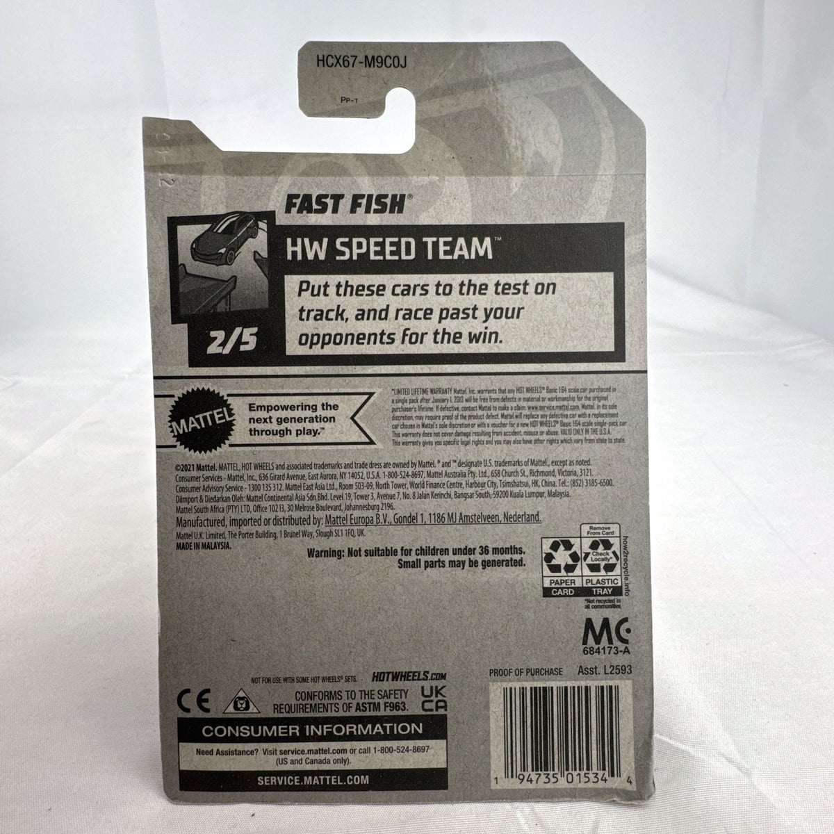 Hot Wheels 1:64 Fast Fish diecast car in white with orange wheels on original sealed blister card
