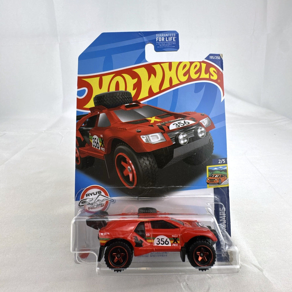 Hot Wheels 2022 Sand Burner 1:64 scale red diecast rally car in original blister card packaging.