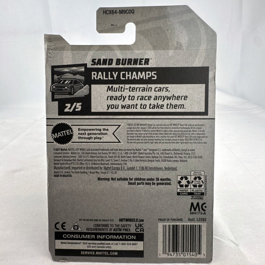 Hot Wheels 2022 Sand Burner 1:64 scale red diecast rally car in original blister card packaging.