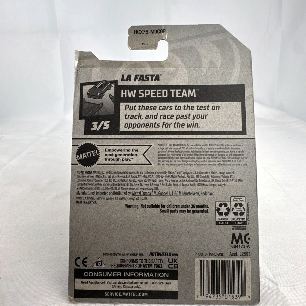 Hot Wheels La Fasta 1:64 scale light blue diecast car sealed on original HW Speed Team blister card.