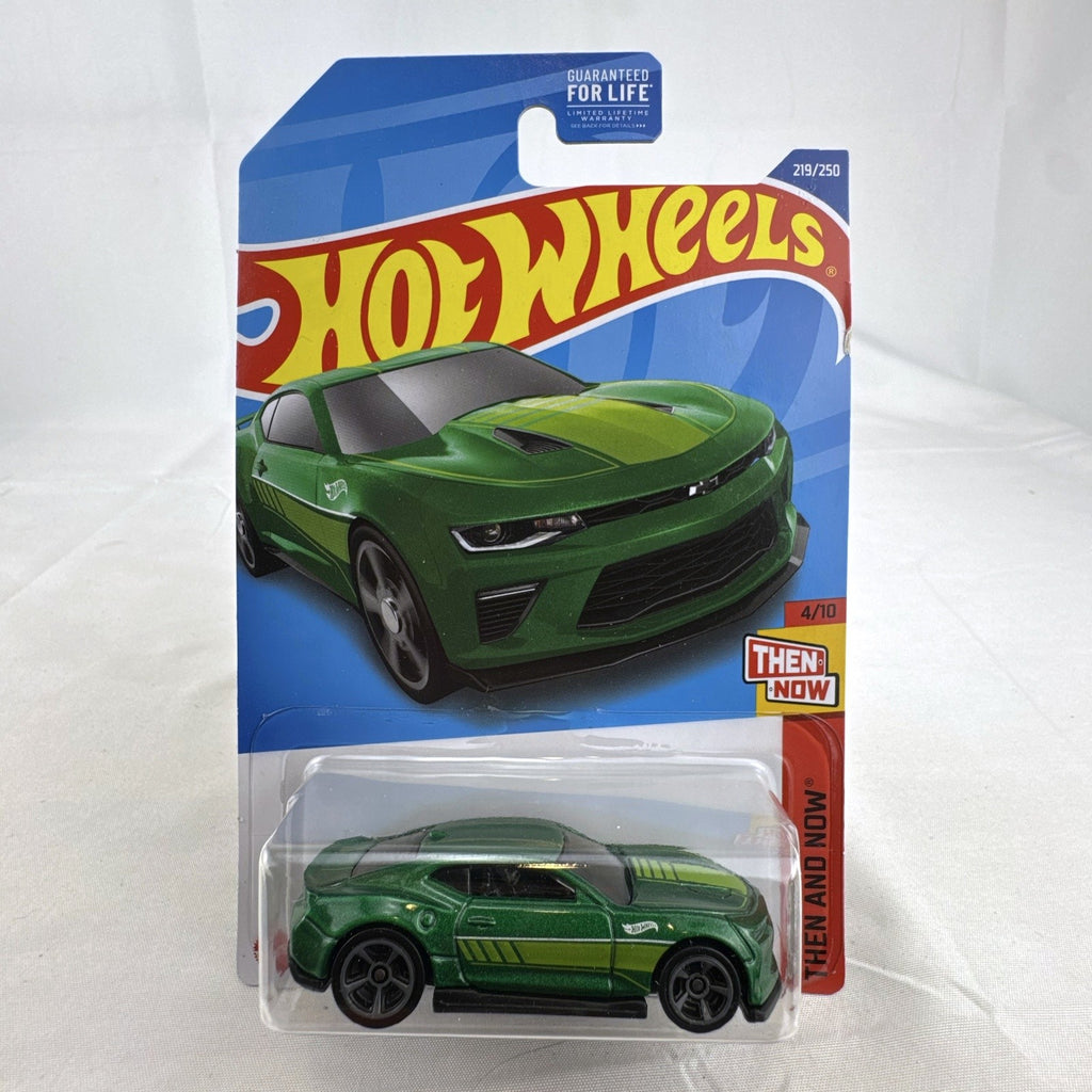 Hot Wheels 1:64 scale 2018 Chevrolet Camaro SS diecast car in metallic green, unopened on original blister card.