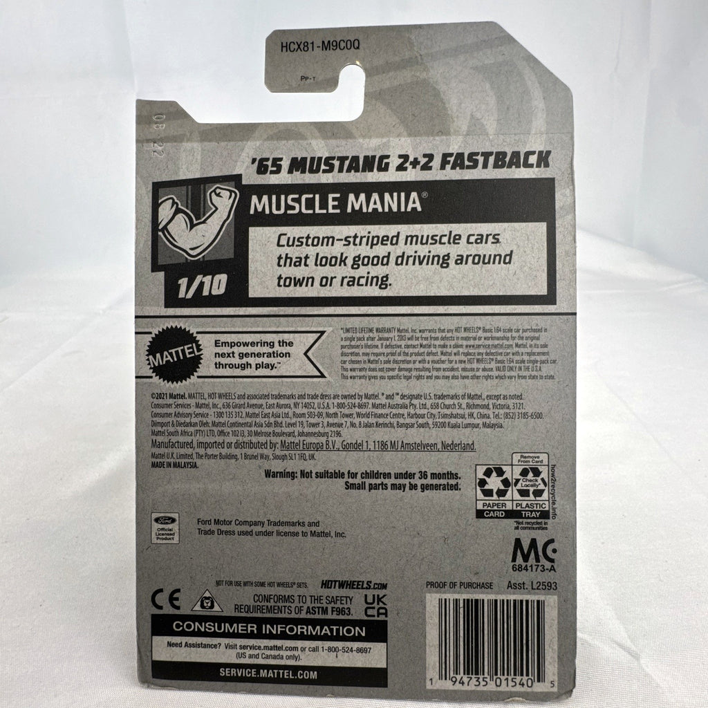 Hot Wheels 1:64 scale 1965 Ford Mustang 2+2 Fastback diecast car in dark maroon with white racing stripes factory sealed.