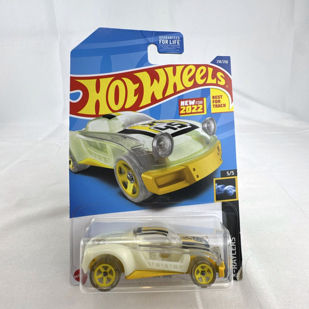 Sealed 2022 Hot Wheels Lightnin' Bug 1:64 scale diecast car in yellow X-Raycers translucent style on card