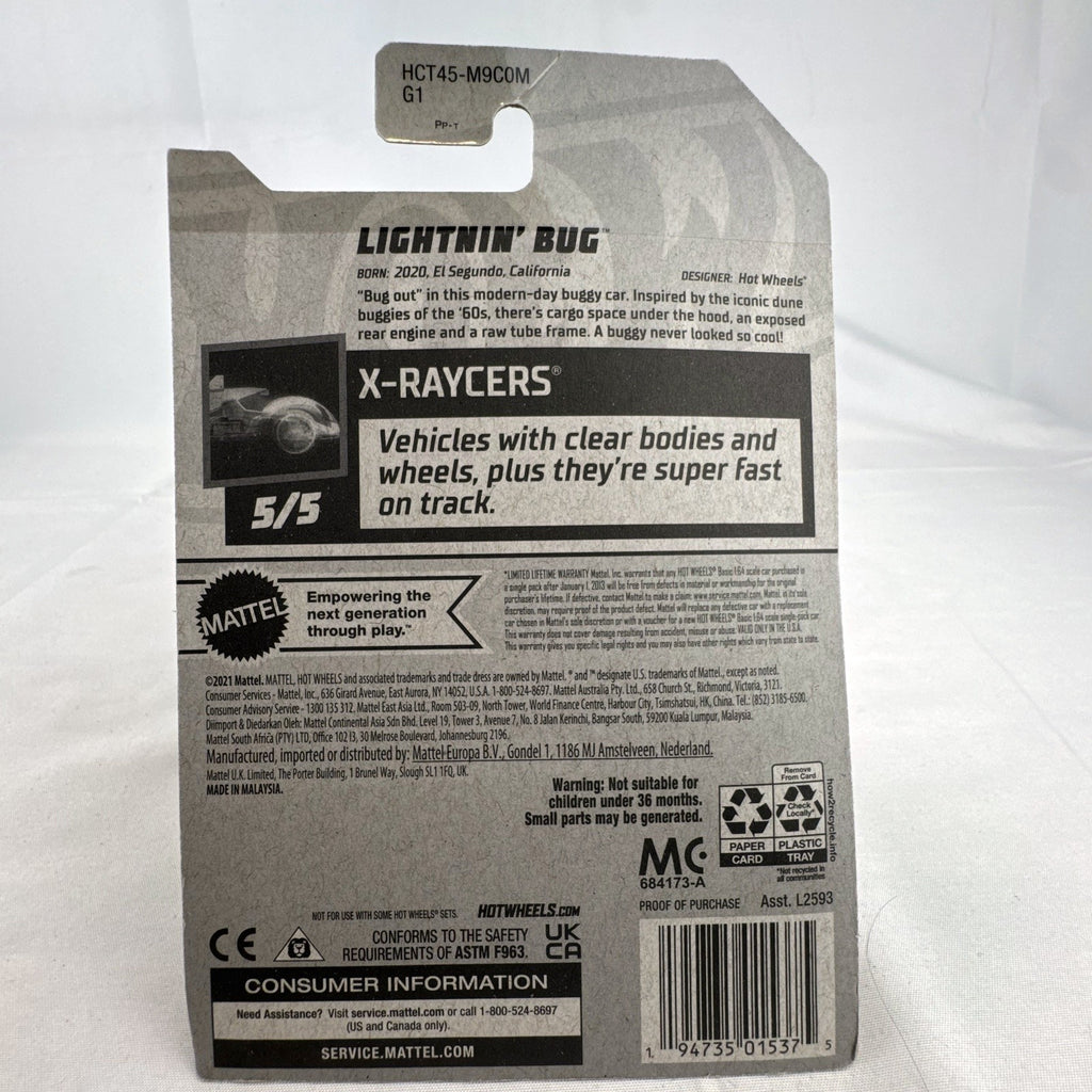 Sealed 2022 Hot Wheels Lightnin' Bug 1:64 scale diecast car in yellow X-Raycers translucent style on card