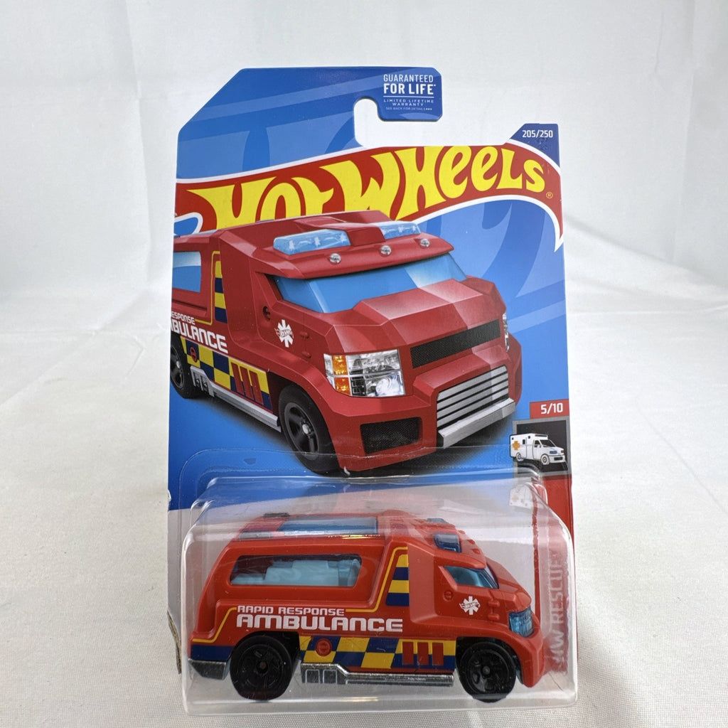 Hot Wheels HW Rapid Response emergency ambulance 1:64 scale red diecast car sealed on original card packaging.