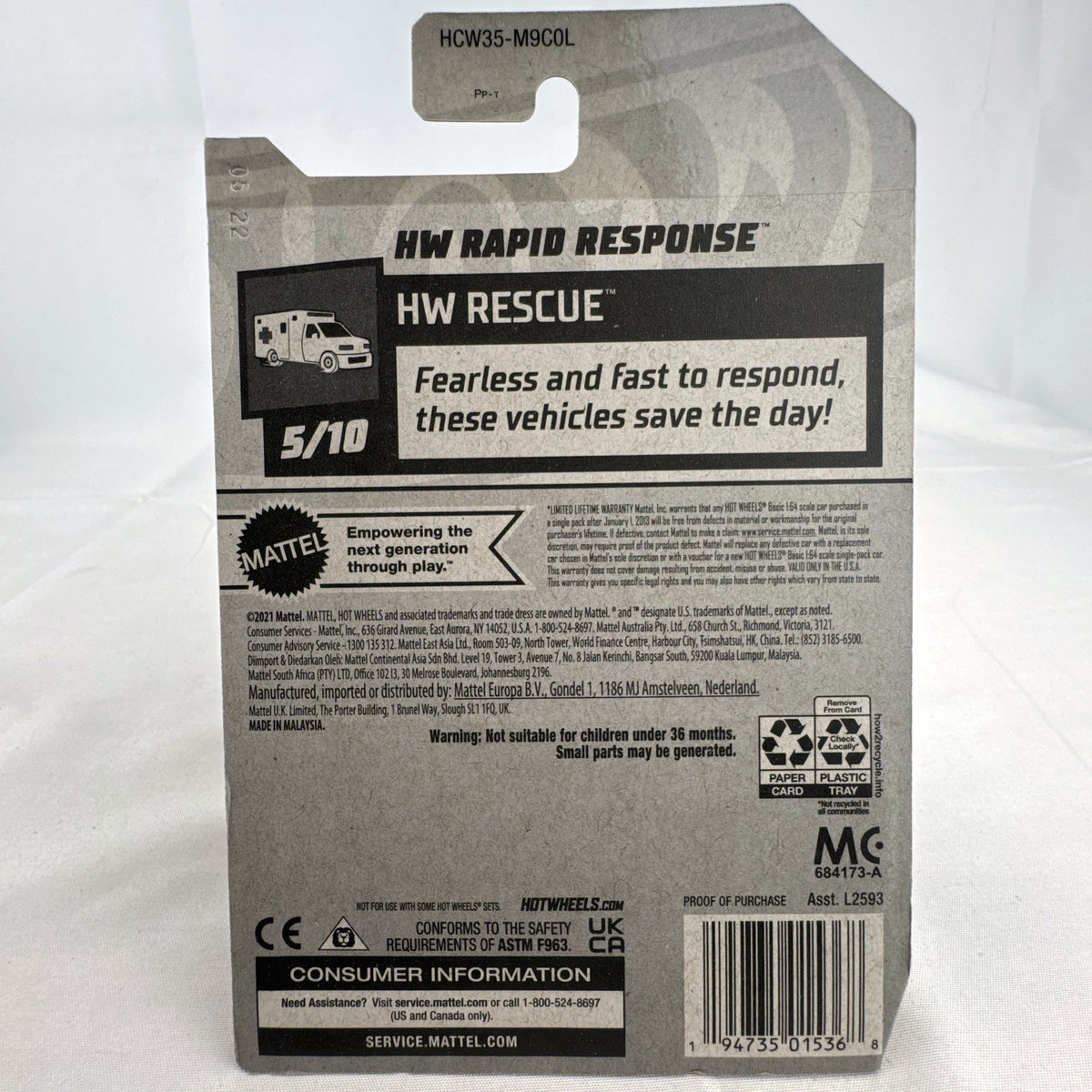 Hot Wheels HW Rapid Response emergency ambulance 1:64 scale red diecast car sealed on original card packaging.