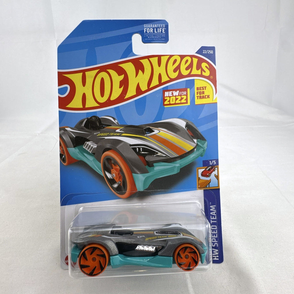 Hot Wheels Roadster Bite 1:64 scale diecast car sealed on card in satin gray with orange wheels.