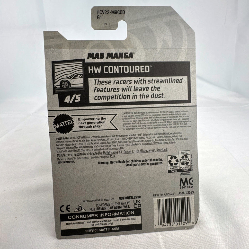 Hot Wheels Mad Manga 1:64 scale diecast car in dark blue, sealed on original HW Contoured blister card.