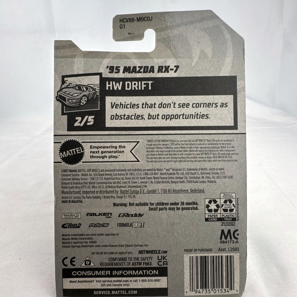 Hot Wheels 1995 Mazda RX-7 Falken Tires edition 1:64 scale diecast car factory sealed on packaging card.