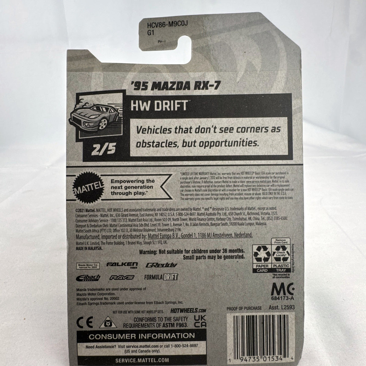 Hot Wheels 1995 Mazda RX-7 Falken Tires edition 1:64 scale diecast car factory sealed on packaging card.
