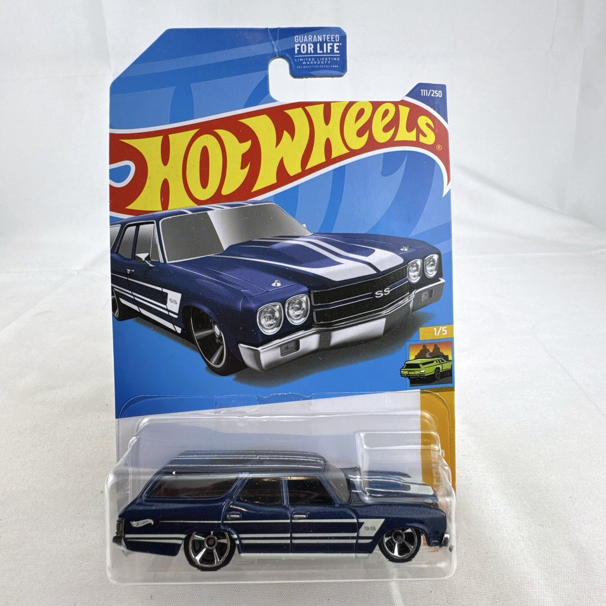 Hot Wheels 1:64 scale 1970 Chevrolet Chevelle SS Wagon in deep metallic blue on sealed blister card.