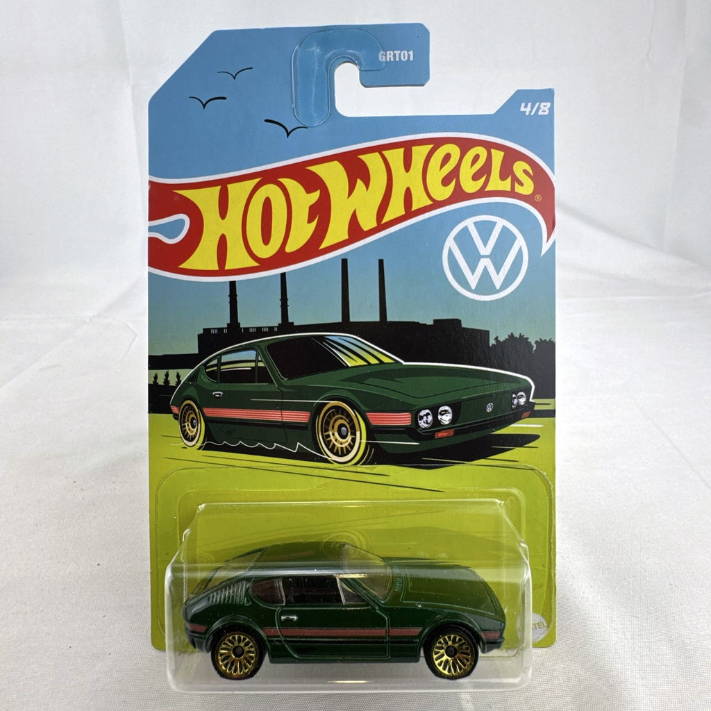 Hot Wheels 1:64 scale Volkswagen SP2 diecast car in green with gold wheels sealed on original packaging card