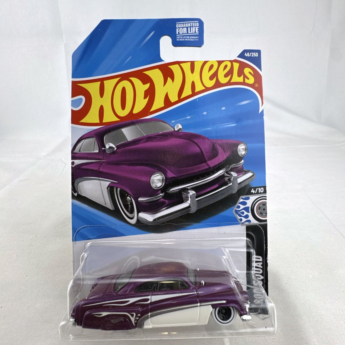 Hot Wheels 2024 Rod Squad Hirohata Merc 1:64 scale diecast car in metallic purple on original unopened blister card