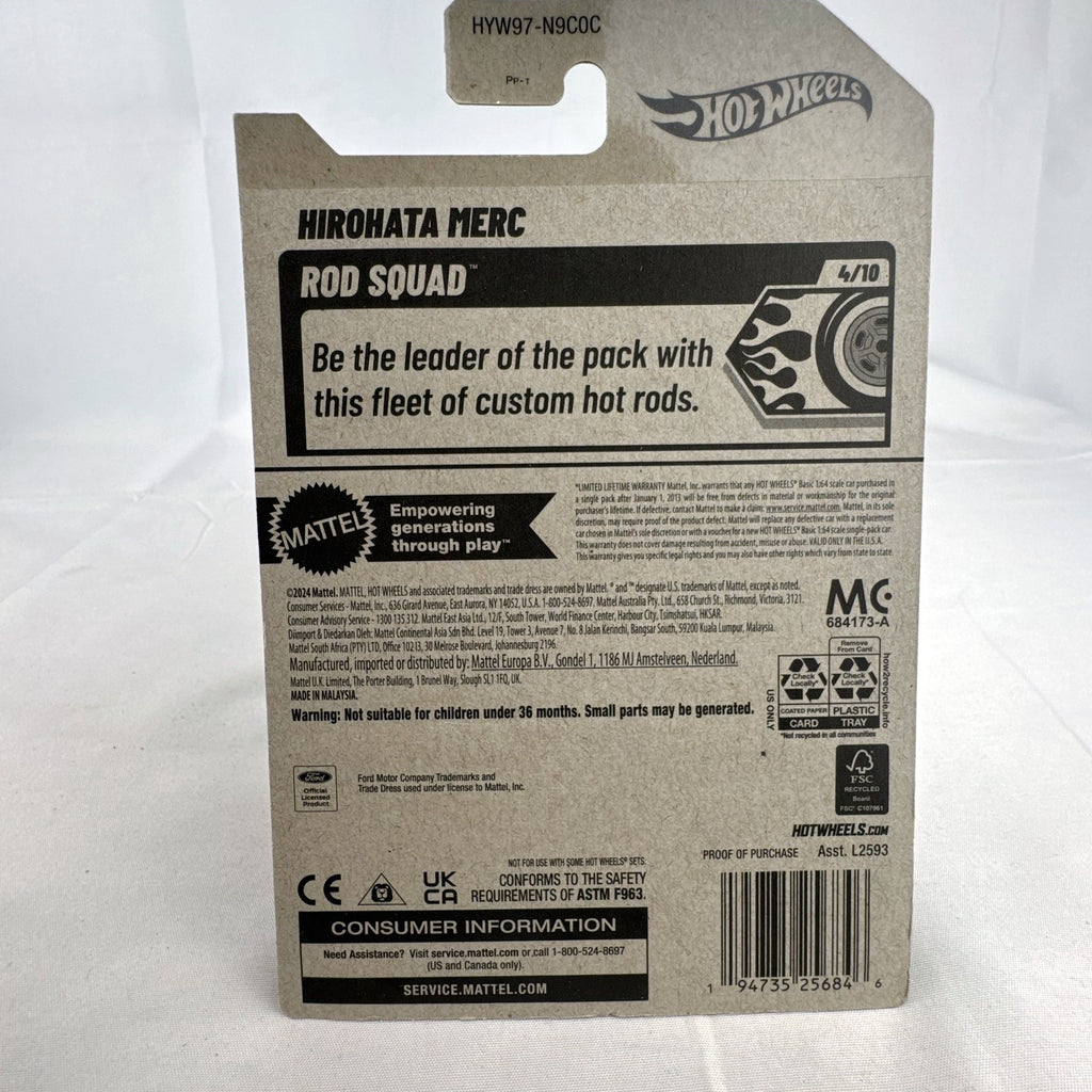 Hot Wheels 2024 Rod Squad Hirohata Merc 1:64 scale diecast car in metallic purple on original unopened blister card