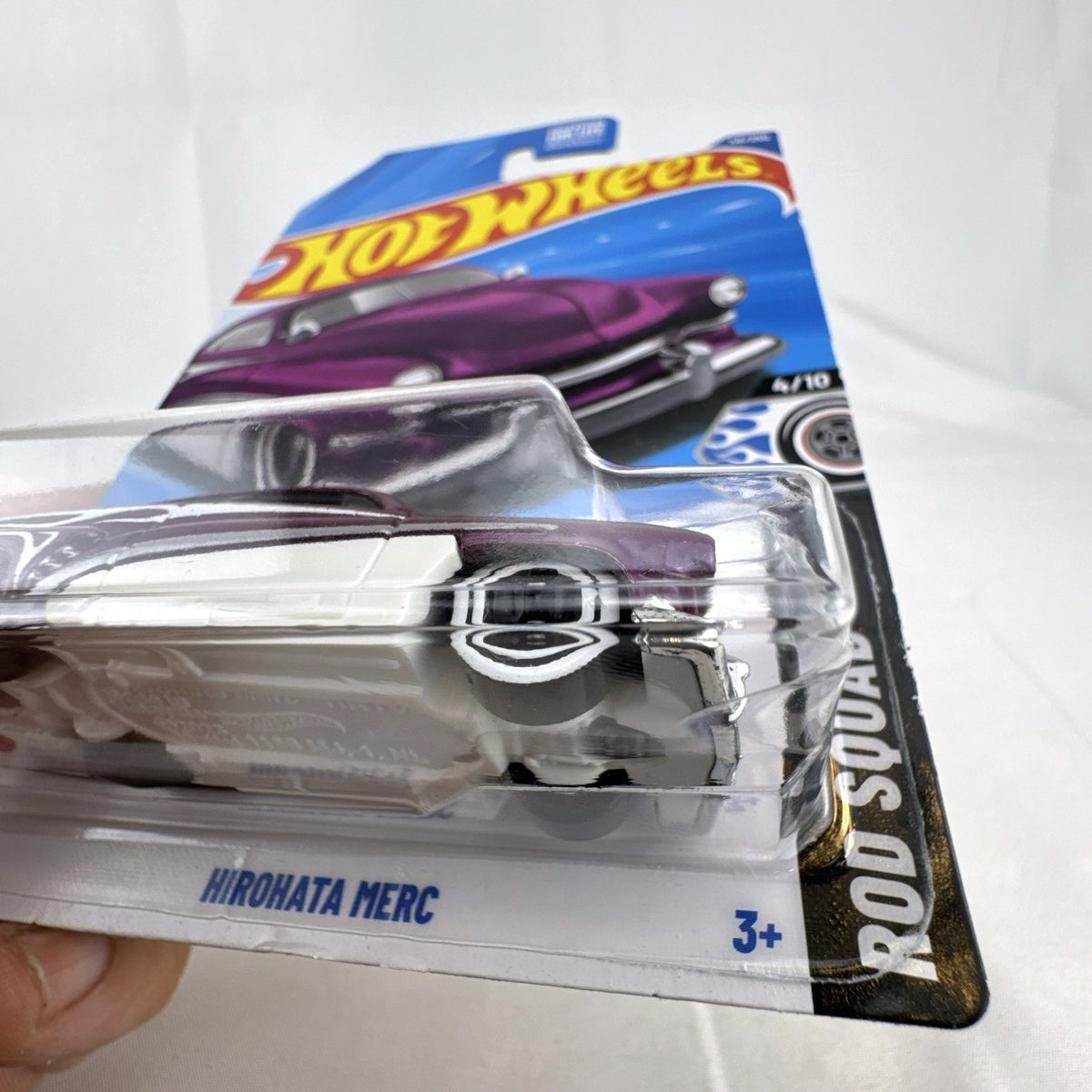 Hot Wheels 2024 Rod Squad Hirohata Merc 1:64 scale diecast car in metallic purple on original unopened blister card