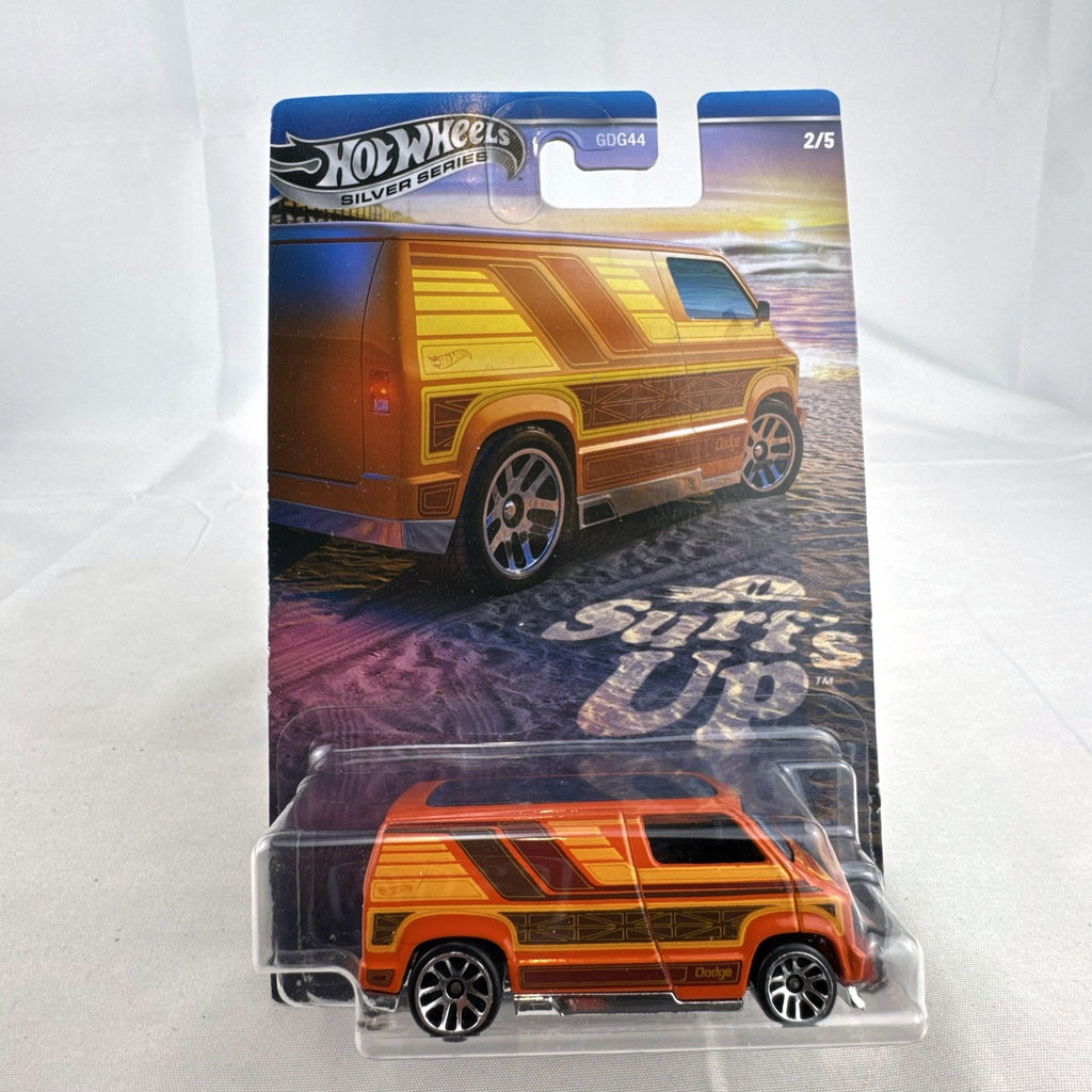 Hot Wheels Custom '77 Dodge Van 1:64 diecast in orange from the Surf's Up Silver Series, sealed on card