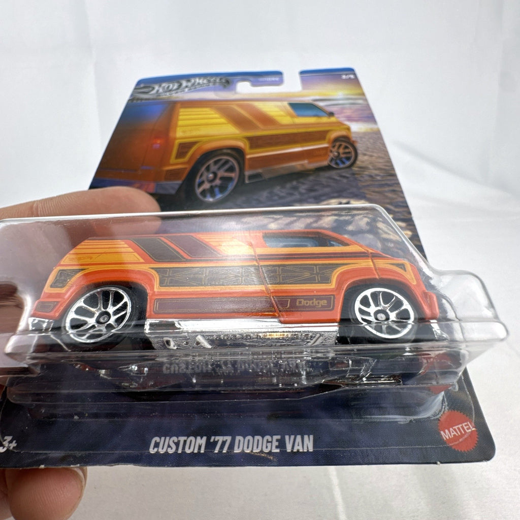 Hot Wheels Custom '77 Dodge Van 1:64 diecast in orange from the Surf's Up Silver Series, sealed on card