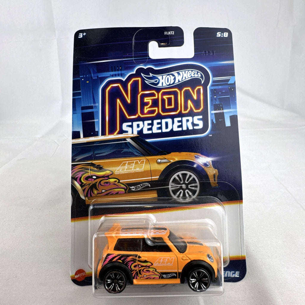 Hot Wheels 1:64 scale orange MINI Cooper S Challenge Neon Speeders diecast car sealed on original blister card.