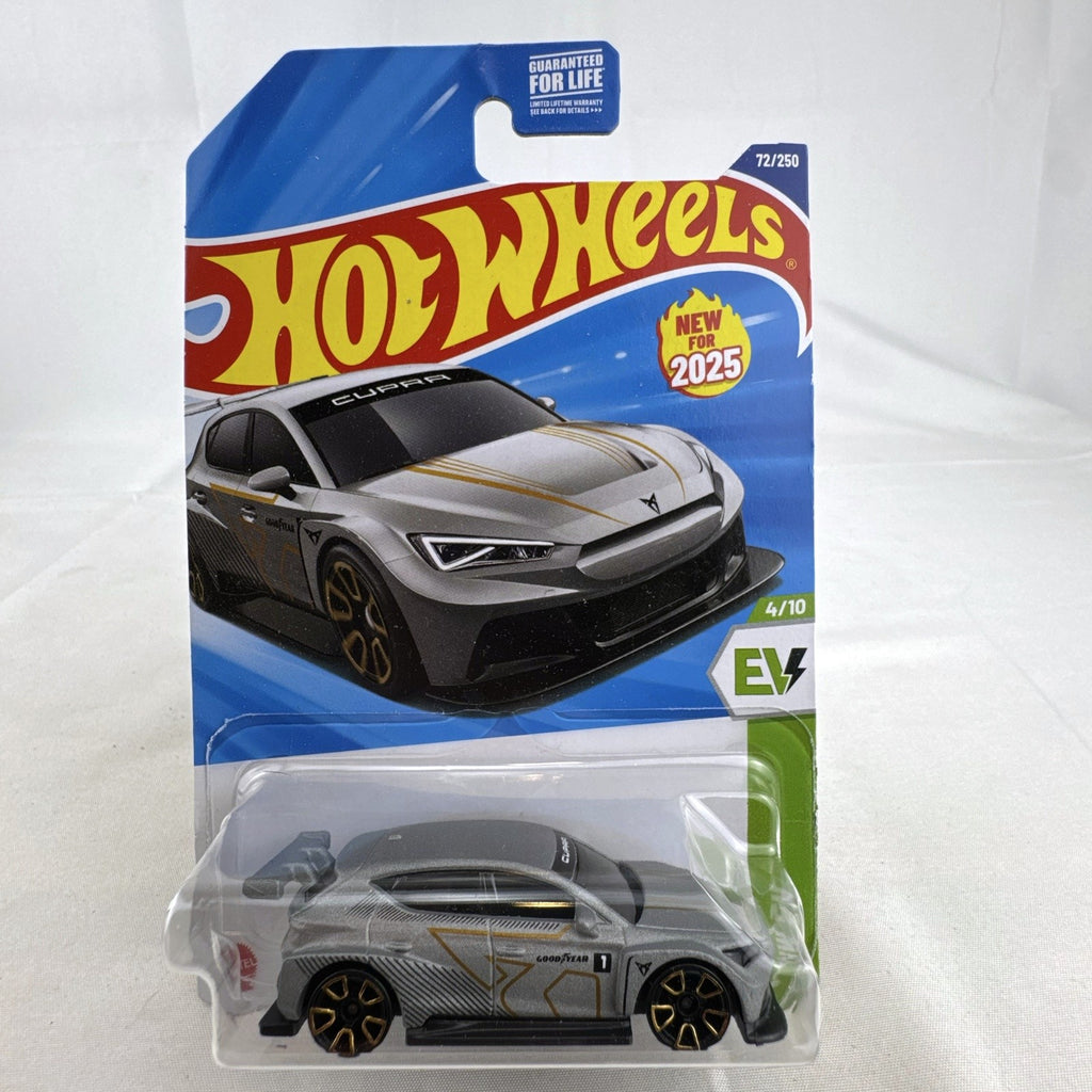 Hot Wheels Cupra e-Racer 1:64 scale silver diecast car in original 2025 factory sealed packaging.