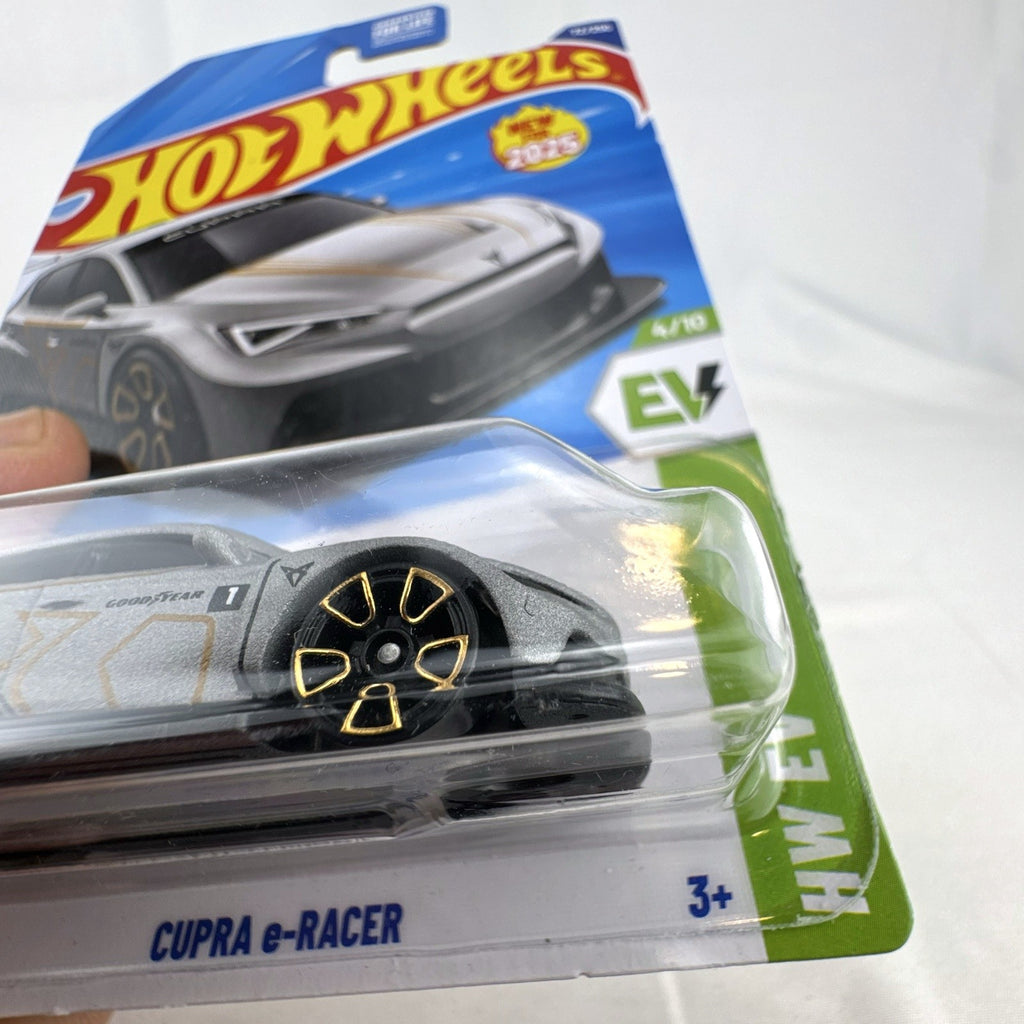 Hot Wheels Cupra e-Racer 1:64 scale silver diecast car in original 2025 factory sealed packaging.