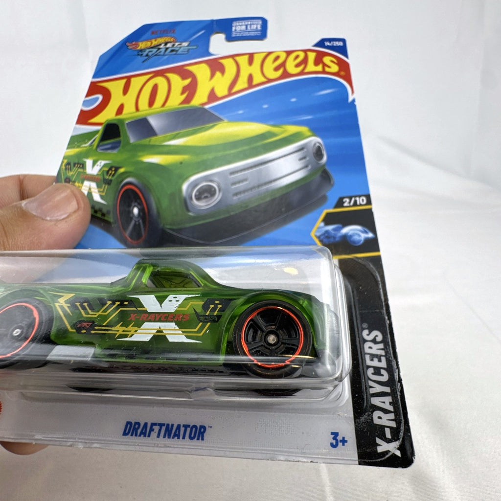 Hot Wheels Draftnator 1:64 scale translucent green diecast pickup truck sealed on 2024 X-Raycers card