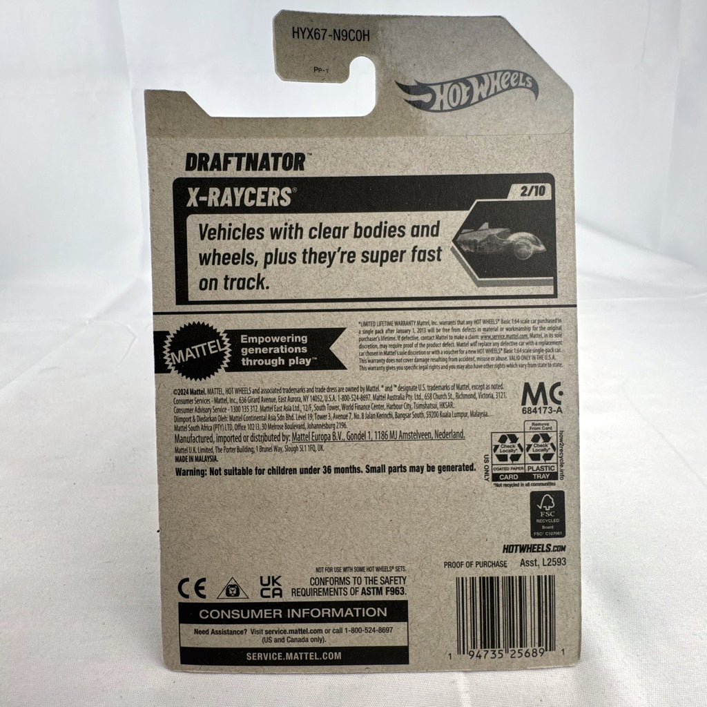 Hot Wheels Draftnator 1:64 scale black translucent diecast pickup truck in sealed X-Raycers packaging.