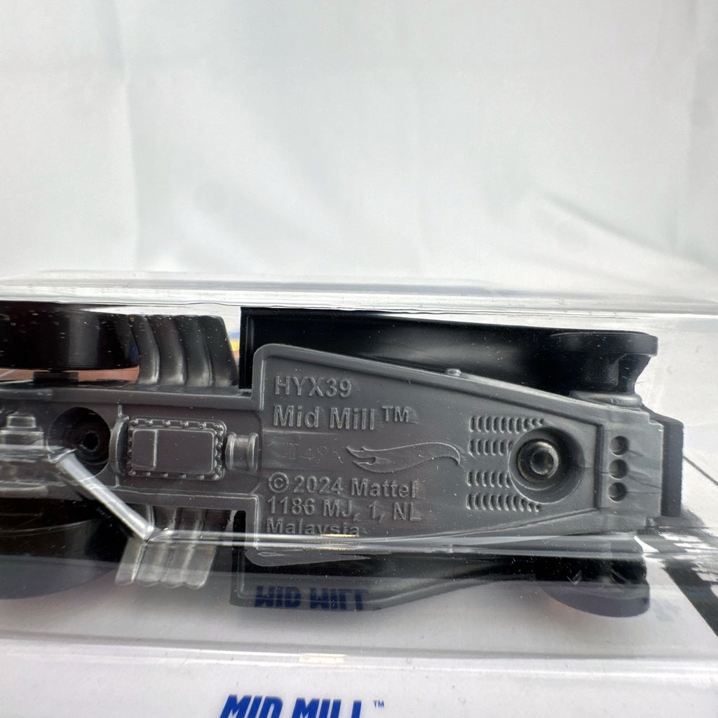 Hot Wheels 2024 Mid Mill 1:64 scale diecast car in dark red with gold graphics, factory sealed on Rod Squad card.