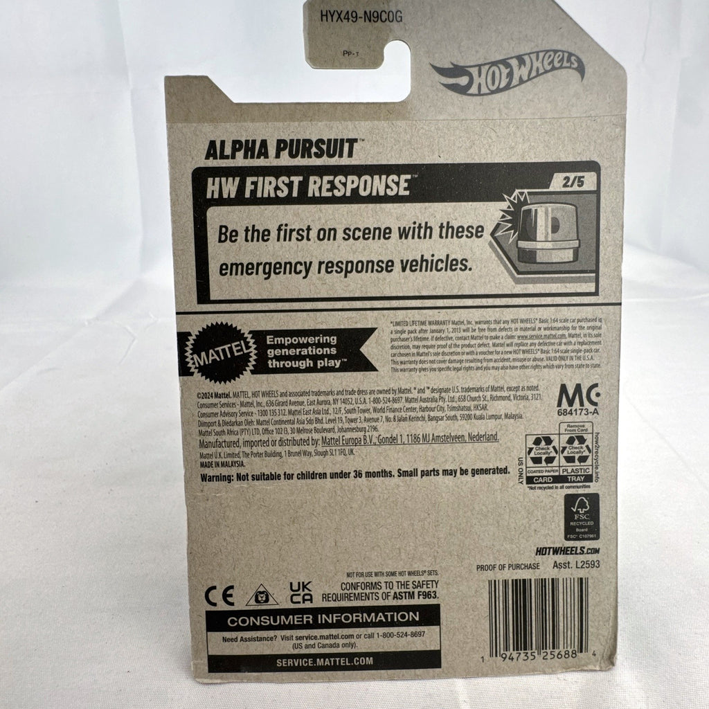 Red Hot Wheels 1:64 scale Alpha Pursuit diecast vehicle in factory-sealed HW First Response blister pack.