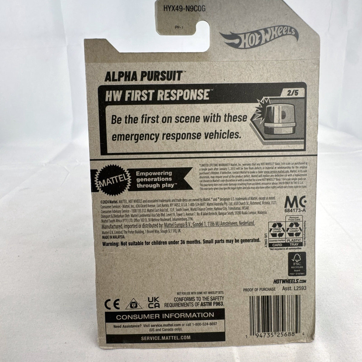 Red Hot Wheels 1:64 scale Alpha Pursuit diecast vehicle in factory-sealed HW First Response blister pack.