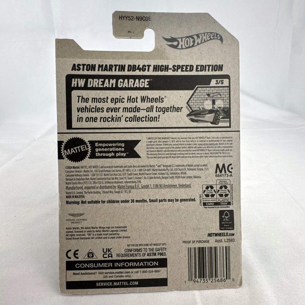 Hot Wheels 1:64 scale yellow Aston Martin DB4GT High-Speed Edition diecast car sealed in original packaging.