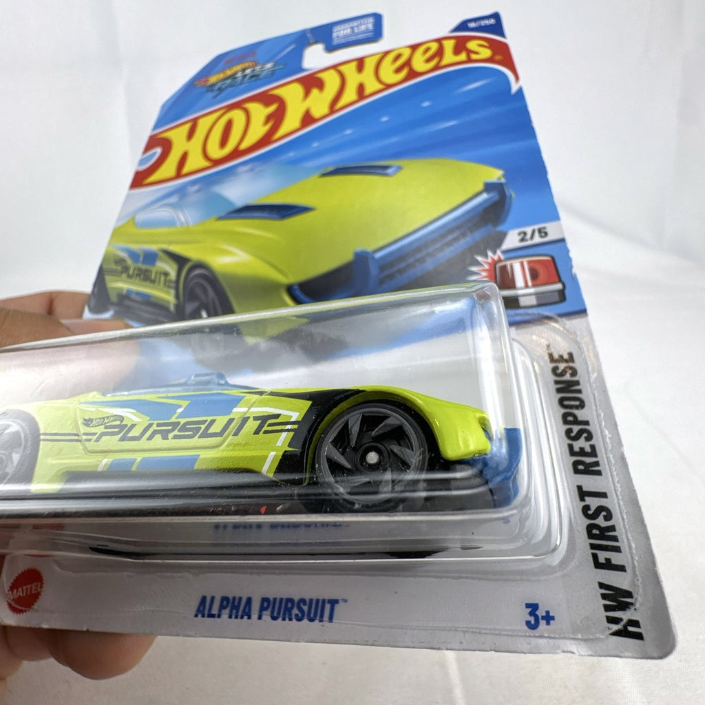 Factory sealed 2024 Hot Wheels Alpha Pursuit 1:64 scale diecast car in lime yellow on original card