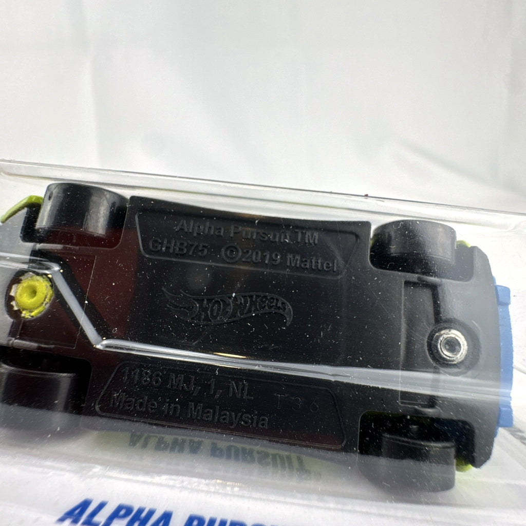 Factory sealed 2024 Hot Wheels Alpha Pursuit 1:64 scale diecast car in lime yellow on original card