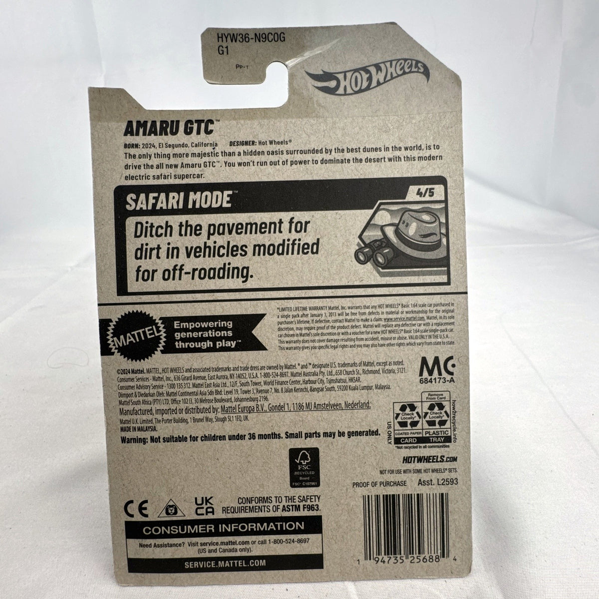 Hot Wheels 1:64 scale Amaru GTC diecast car in orange and black Safari Mode packaging