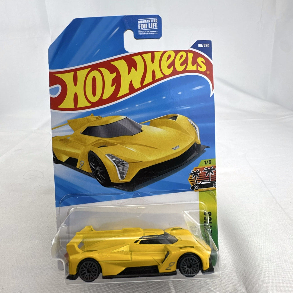 Hot Wheels 1:64 scale Cadillac Project GTP Hypercar in yellow, factory sealed on original blister card.