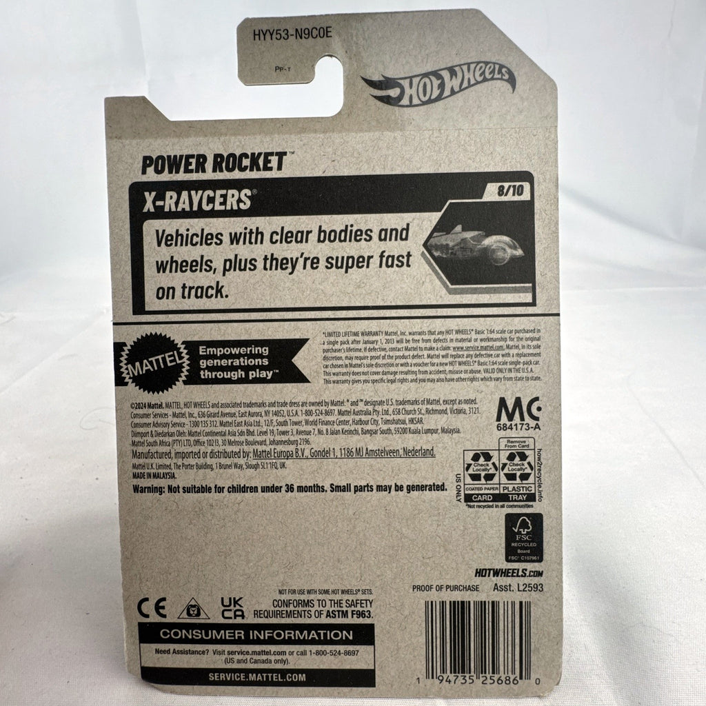 Sealed 2024 Hot Wheels Power Rocket 1:64 scale diecast car in translucent teal blue X-Raycers blister card packaging.