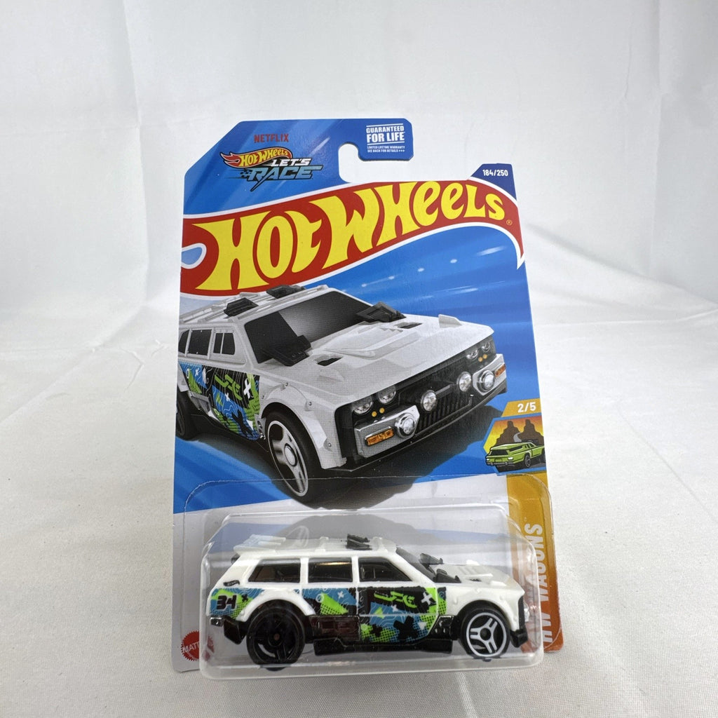 Hot Wheels 2024 HW Wagons Track Dwagon 1:64 scale white diecast car sealed in original card packaging.