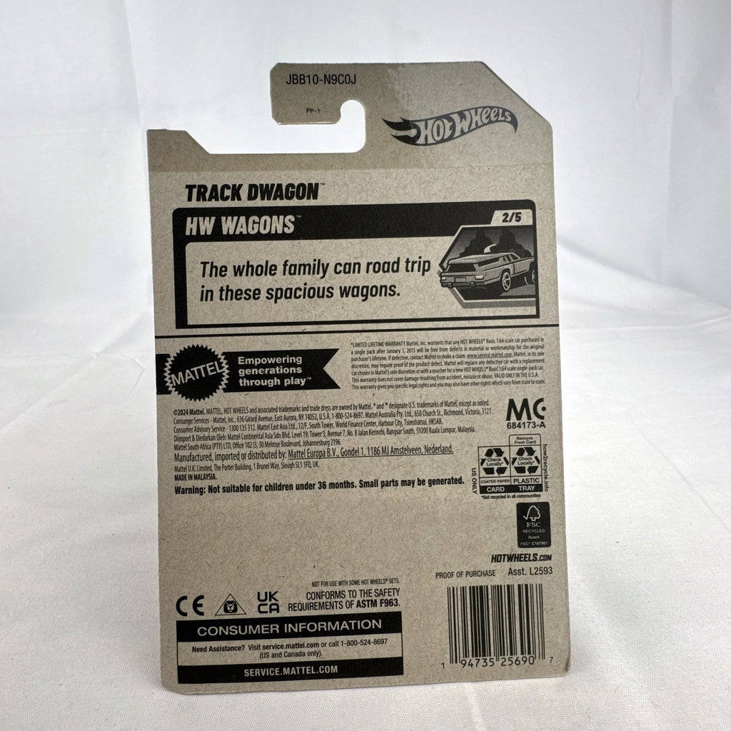 Hot Wheels 2024 HW Wagons Track Dwagon 1:64 scale white diecast car sealed in original card packaging.