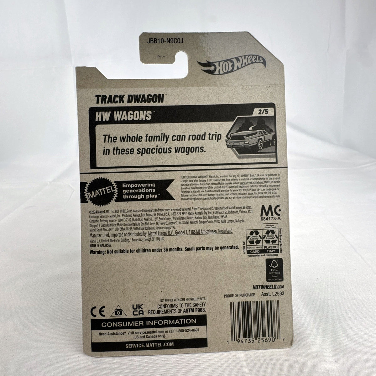 Hot Wheels 2024 HW Wagons Track Dwagon 1:64 scale white diecast car sealed in original card packaging.