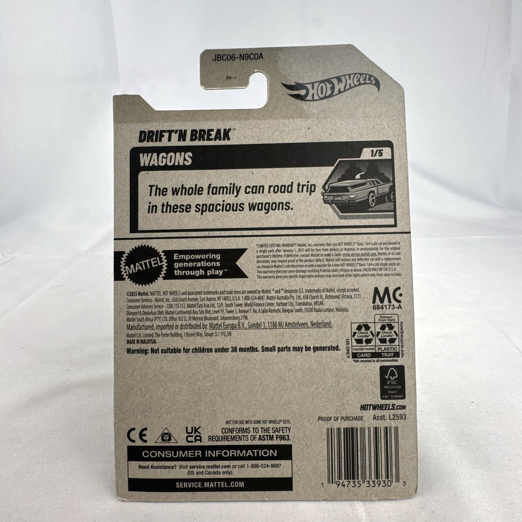 Hot Wheels Drift 'N Break 1:64 scale diecast wagon in metallic silver on sealed original card