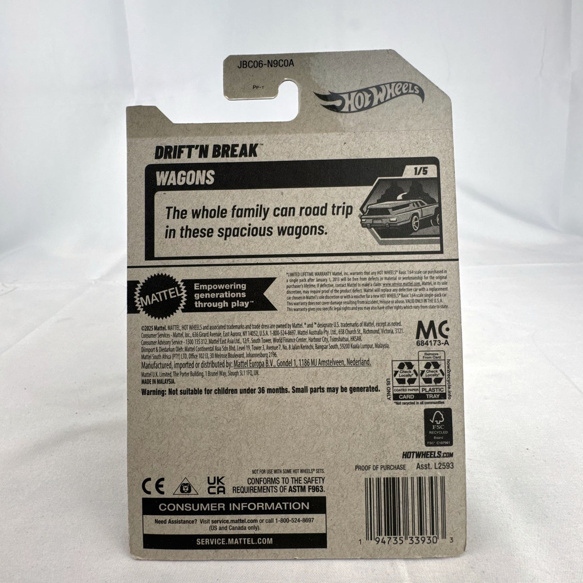 Hot Wheels Drift 'N Break 1:64 scale diecast wagon in metallic silver on sealed original card