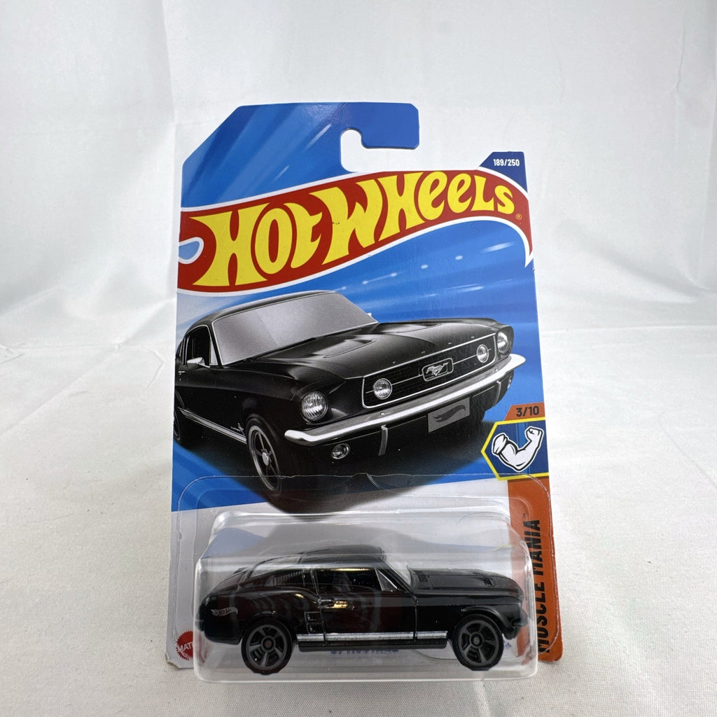 Hot Wheels 1:64 scale 1967 Ford Mustang diecast car in black from the Muscle Mania series