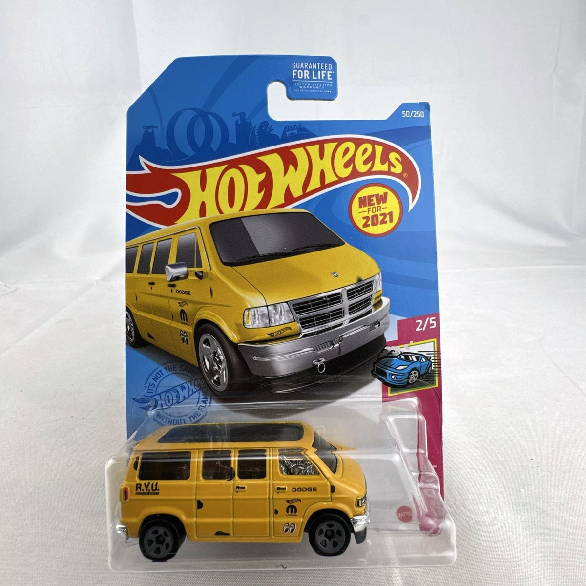 Hot Wheels 1:64 scale 2021 HW Drift Dodge Van diecast in yellow with Mooneyes graphics sealed on blister card