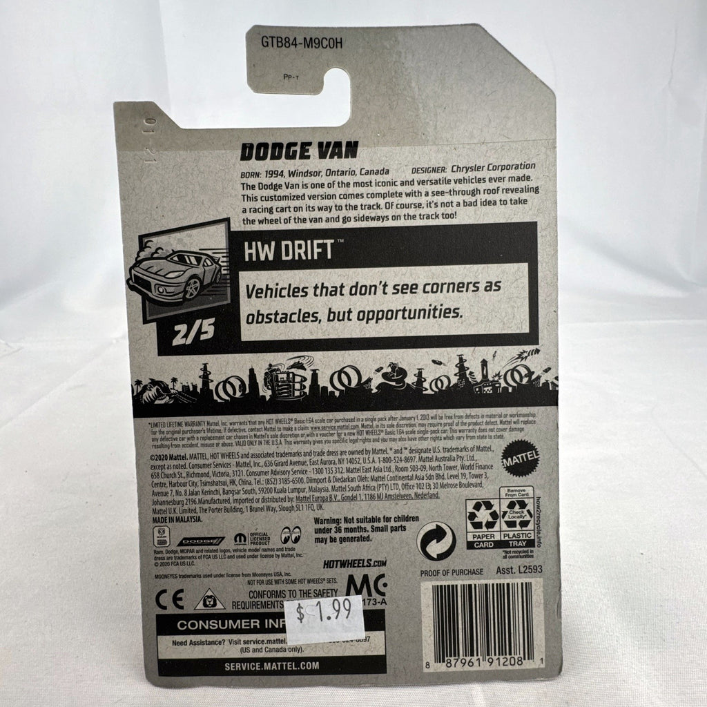 Hot Wheels 1:64 scale 2021 HW Drift Dodge Van diecast in yellow with Mooneyes graphics sealed on blister card