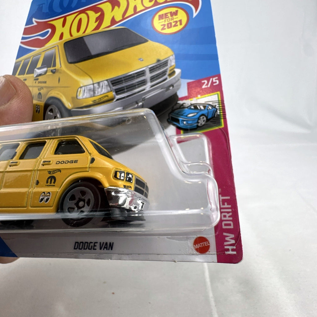 Hot Wheels 1:64 scale 2021 HW Drift Dodge Van diecast in yellow with Mooneyes graphics sealed on blister card