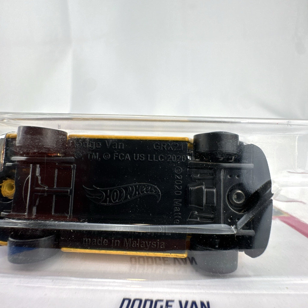 Hot Wheels 1:64 scale 2021 HW Drift Dodge Van diecast in yellow with Mooneyes graphics sealed on blister card