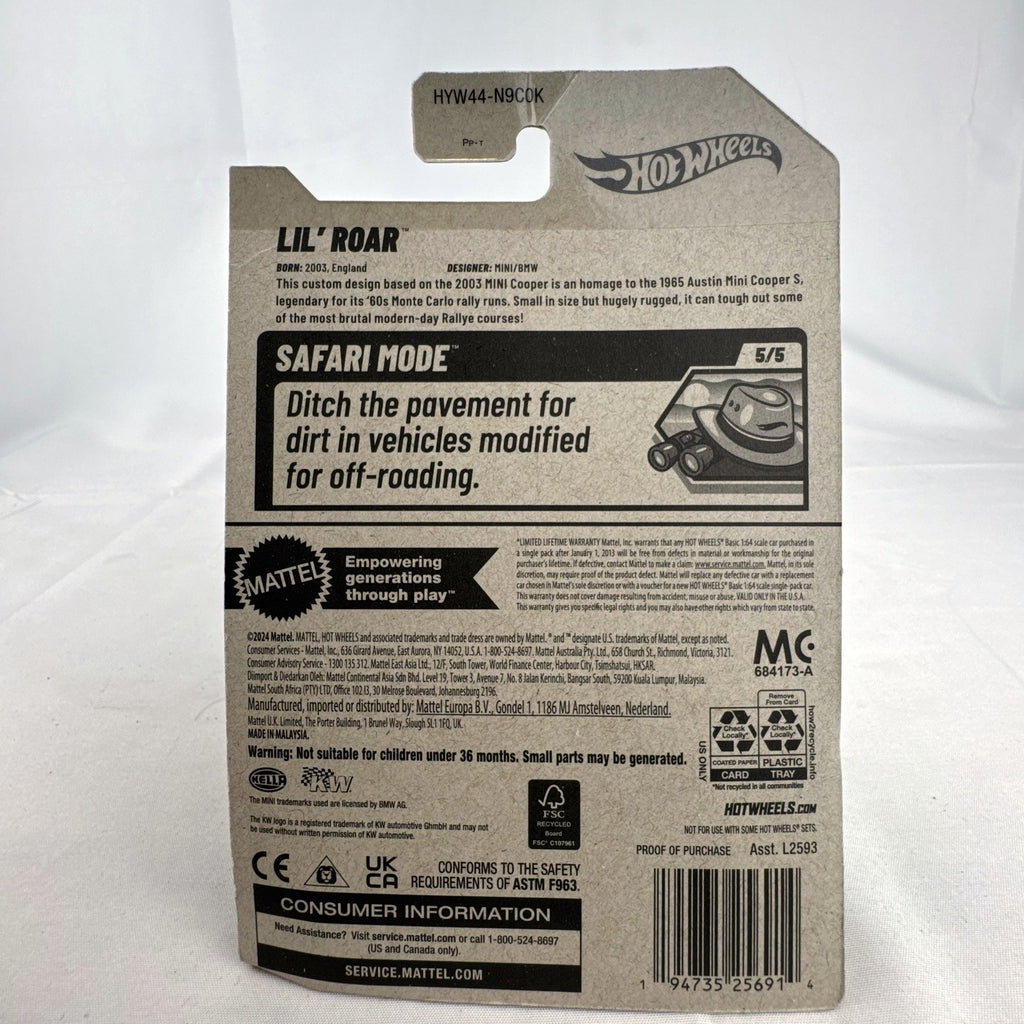 Hot Wheels Lil' Roar 2003 MINI Cooper Safari Mode red 1:64 scale diecast car sealed in original packaging card.