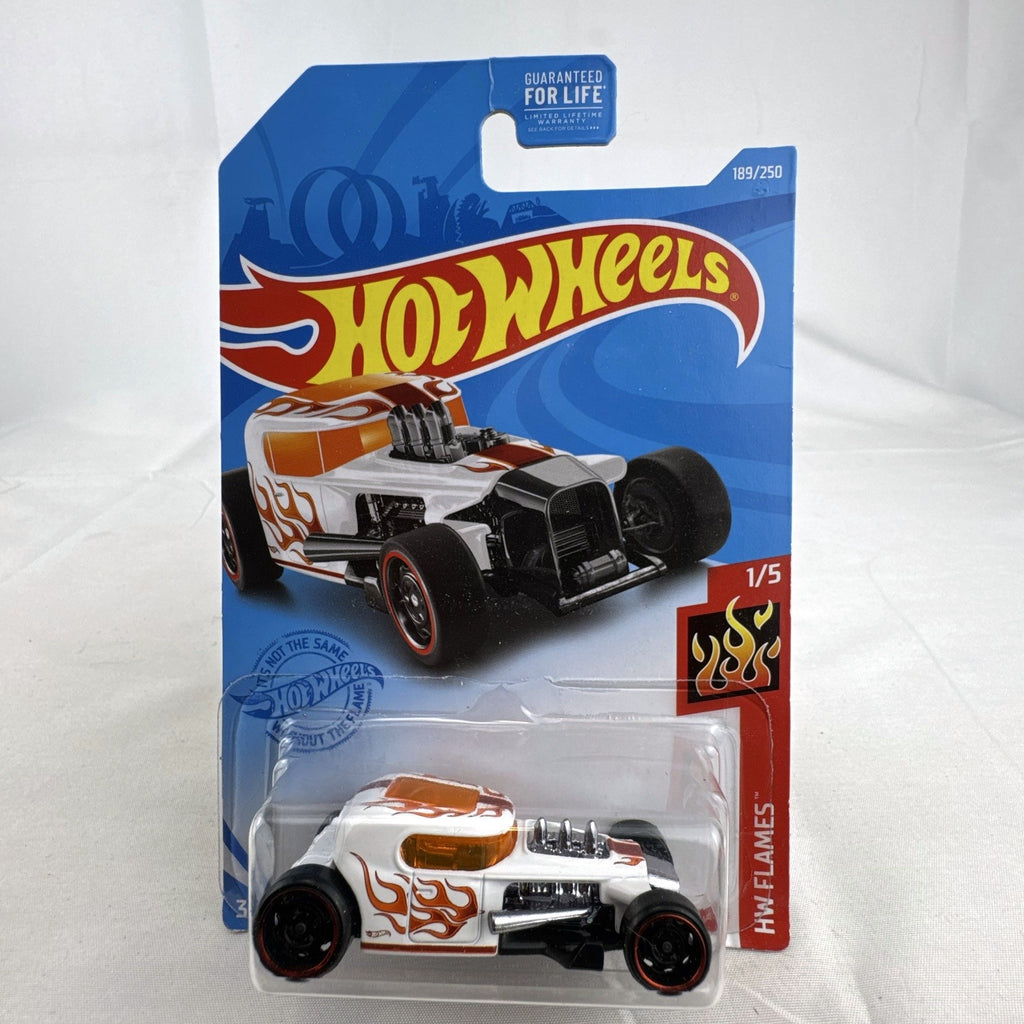Factory sealed Hot Wheels Mod Rod 1:64 diecast car in white with orange HW Flames graphics on original card.
