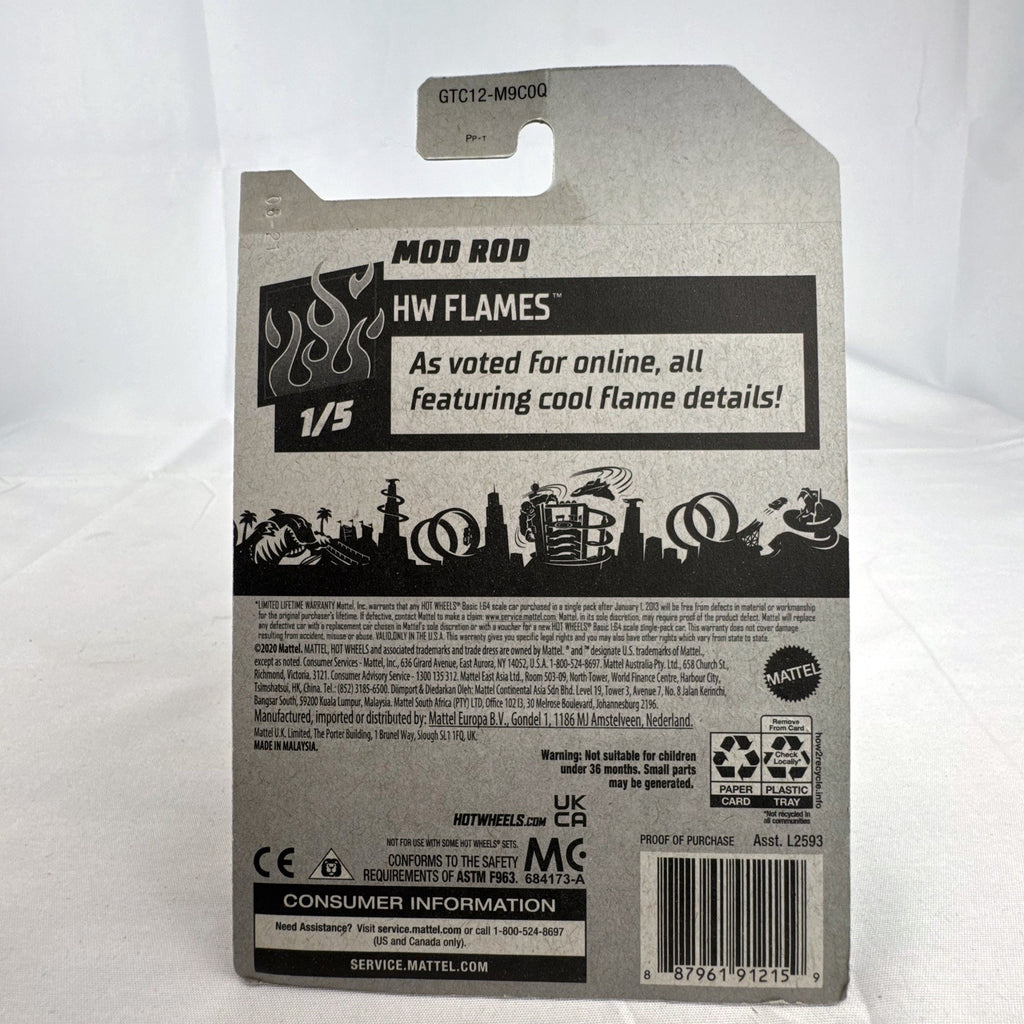 Factory sealed Hot Wheels Mod Rod 1:64 diecast car in white with orange HW Flames graphics on original card.