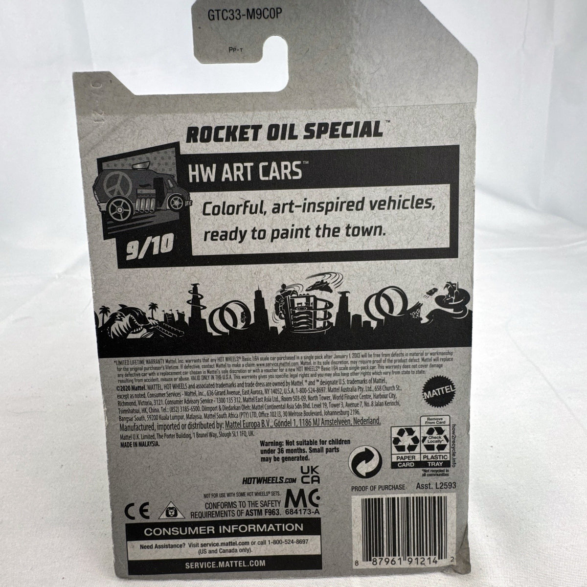 Hot Wheels 1:64 scale Rocket Oil Special diecast car in orange paint splatter from the HW Art Cars series on original card
